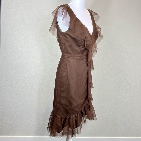 Vintage Y2K Alfred Angelo Tulle Dress Size 4/6 Brown Midi Fairy Pin-Up Ruffle - Picture 6 of 16